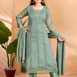 Aarika Girls Ethnic Motifs Embroidered Panelled Thread Work Kurta with Trousers & With Dupatta-image-32