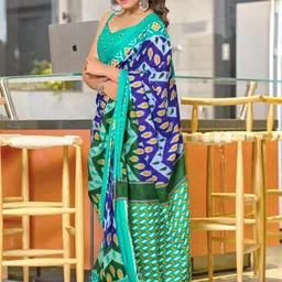 Blue Soft Cotton Block Print Saree with Unstitched Blouse Piece-4