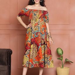 Aawari Abstract Print Off-Shoulder Fit and Flare Midi Dress-picture-20