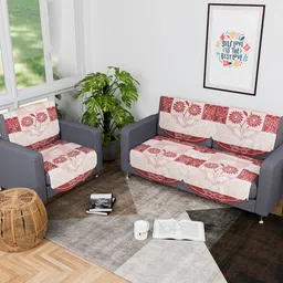 Aura Red & Cream Colored 6 Pieces Printed Cotton 3 Seater Sofa Covers-7