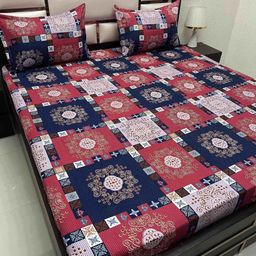 Pure Decor Red & Blue Ethnic Motifs Cotton 230 TC Queen Bedsheet with 2 Pillow Covers-image-47