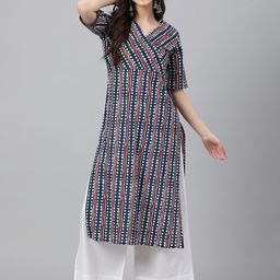 KALINI Geometric Printed Angrakha V-Neck Pure Cotton Straight Kurta-picture-33