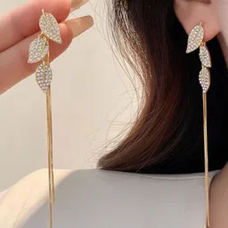FIMBUL Gold-Plated Artificial Stones Studded Leaf Shaped Drop Earrings image 4