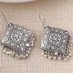 BMINO Silver Plated Geometric Beaded Pearls Drop Earrings-image-97
