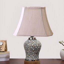 Devansh Off White Printed Frustum Shaped Wooden Table Lamp With Mosaic Glass Base-18