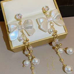 Celestique Artificial Stones Studded & Pearls Beaded Korean Bow Shaped Drop Earrings-picture-4