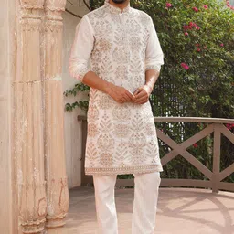 Jompers Floral Embroidered Thread Work Mandarin Collar Kurta With Pyjamas-picture-53