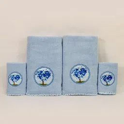 Myntra Elegant Homes Blue & White 4 Piece Printed Cotton 500 GSM Towel Set-image-7