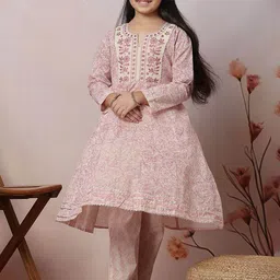 KYDZI Girls Floral Embroidered Regular Pure Cotton Kurta with Trousers-image-87