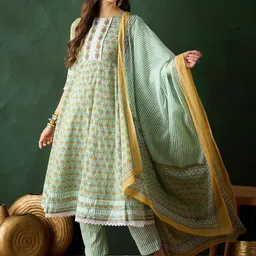 Sangria Green and Yellow Floral Printed Pure Cotton A-Line Kurta &Trousers With Dupatta-picture-5