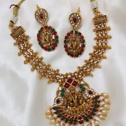 Diksha collection Brass-Plated Stone Studded & Beaded Matte Finish Temple Jewellery Set-image-64