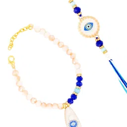 PANASH Set Of 5 Stone-Studded & Beaded Rakhi With Printed Mugs Greeting Card & Roli Chawal image 4