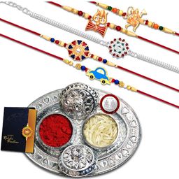 DeoDap Unisex Set of 5 Rakhis with Pooja Thali Roli Chawal Coin Greeting Card Gift Set-10