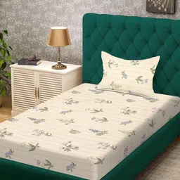 KLOTTHE Cream-Coloured Floral 300 TC Single Bedsheet with 1 Pillow Covers-image-49
