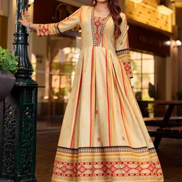 HERE&NOW Women Cream Floral Embroidered Anarkali Gown-picture-4