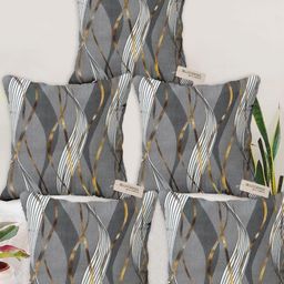 Blue Grass Grey & Gold-Toned 5 Pieces Abstract Printed Velvet Square Cushion Covers-image-10