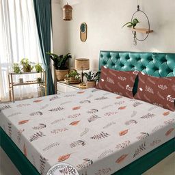 Aura Beige & Brown Floral Printed 300 TC Fitted Double King Bedsheet Set-2.50 m X 2.25 m-picture-39