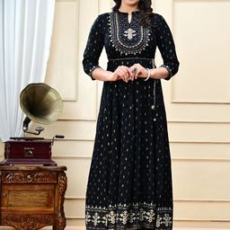 RAABA Floral Printed Empire Mandarin Collar Mirror Work A-line Kurta-image-68