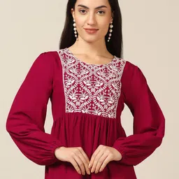 Moda Rapido Women Embroidered Puff Sleeve Crepe A-Line Top-image-15