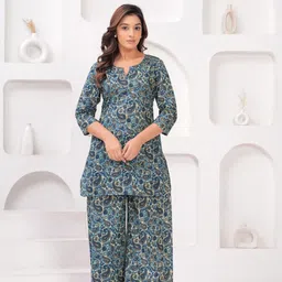 BAESD Paisley Printed Notch Neck Pure Cotton Straight Tunic With Trousers-image-85