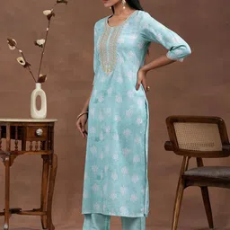 Libas Ethnic Motifs Printed Sequinned Straight Kurta With Trousers & Dupatta image 3
