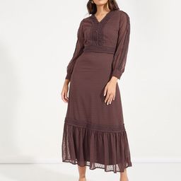 Styli Women V-Neck Puff Sleeves A-Line Maxi Dress With Lace Insert-image-18