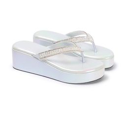 STEPIZIA Women Cream & Off-White Mesh Embellished Open Back Wedge Pumps-image-88