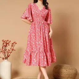 Jash Creation Floral Print V-Neck Flared Sleeve Smocked Detail Fit & Flare Midi Dress-image-29
