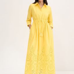 FEMMELLA Floral Embroidered Shirt Collar Cotton Fit & Flare Maxi Dress-image-5