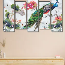 Aura White & Green 5 Pieces Wooden Birds Wall Paintings-24