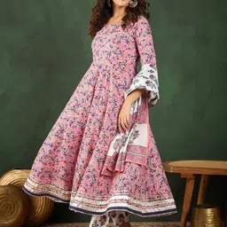 Sangria Pink Floral Printed Round Neck Pure Cotton Anarkali Kurta With Trousers & Dupatta-image-24