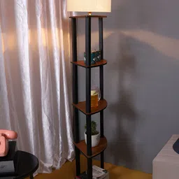 Devansh Off White Drum Wooden Shelf Floor Lamp-11