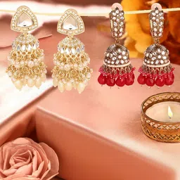 Zaveri Pearls Set Of 2 Gold-Plated Stones & Beaded Statement Dome Shaped Jhumkas-0