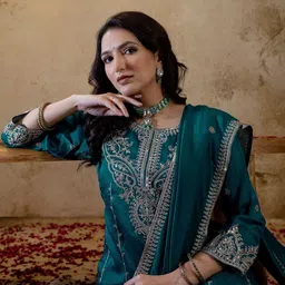 SANISA Women Teal Blue Silk Blend Ethnic Motifs Sequined Kurta & Trousers With Dupatta-picture-8