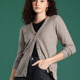 Roadster Women Beige Cable Knitted Woollen Cardigan-image-40