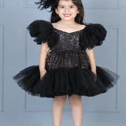 THE LITTLE CELEBS Girls Embellished Sequined Flutter Sleeves Net A-Line Dress-16