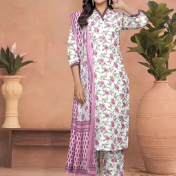 SHIJILA Women Floral Printed Regular Pure Cotton Kurta with Trousers & With Dupatta-27
