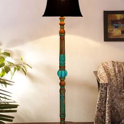 Devansh Black & Brown Cotton Drum Shade Wood Base Floor Lamps-22