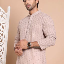 Anouk Men Floral Embroidered Regular Sequinned Pure Cotton Kurta with Pyjamas-9