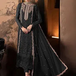 ODETTE Floral Embroidered Thread Work Georgette Semi-Stitched Dress Material-image-58