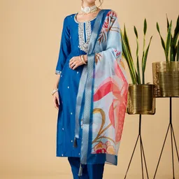MOKOSH Floral Embroidered Round Neck Straight Kurta With Trousers And Dupatta-image-34