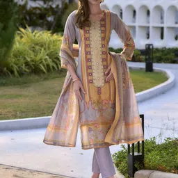 Ishin Floral Printed Round Neck Zari Straight Kurta With Trousers & Dupatta-picture-13
