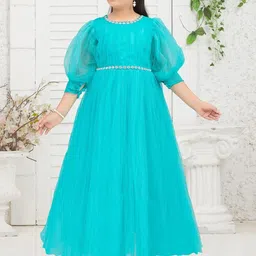 BAESD Girls Round Neck Puff Sleeve Net Maxi Dress-image-102