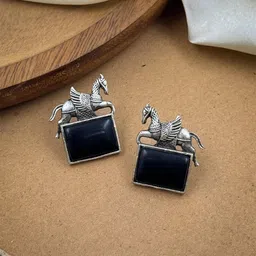 NAMAN ARTS Silver-Plated Oxidised Artificial Stones Studded Animal Shaped Studs-18