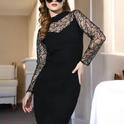 BAESD Women Self Design Cotton Mock Neck Sheath Dress-image-37
