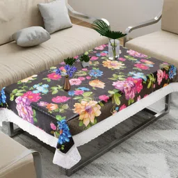 Dakshya Industries Black Floral Waterproof Plastic 4-Seater Table Cover-53