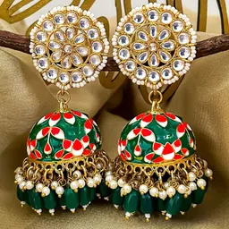 Zeviel Gold-Plated Kundan Studded & Artificial Beaded Dome Shaped Jhumkas-picture-48