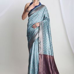Janasya Light Blue Ethnic Motifs Woven Design Banarasi Saree with Blouse Piece-image-96