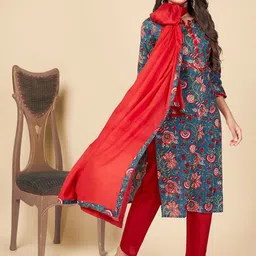 KALINI Floral Printed Notch Neck Pure Cotton Kurta With Trousers & Dupatta-image-23