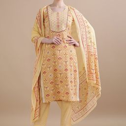 Jaipur Kurti Yellow Floral Printed Mirror Work Pure Cotton Kurta with Trouser & Dupatta-image-58